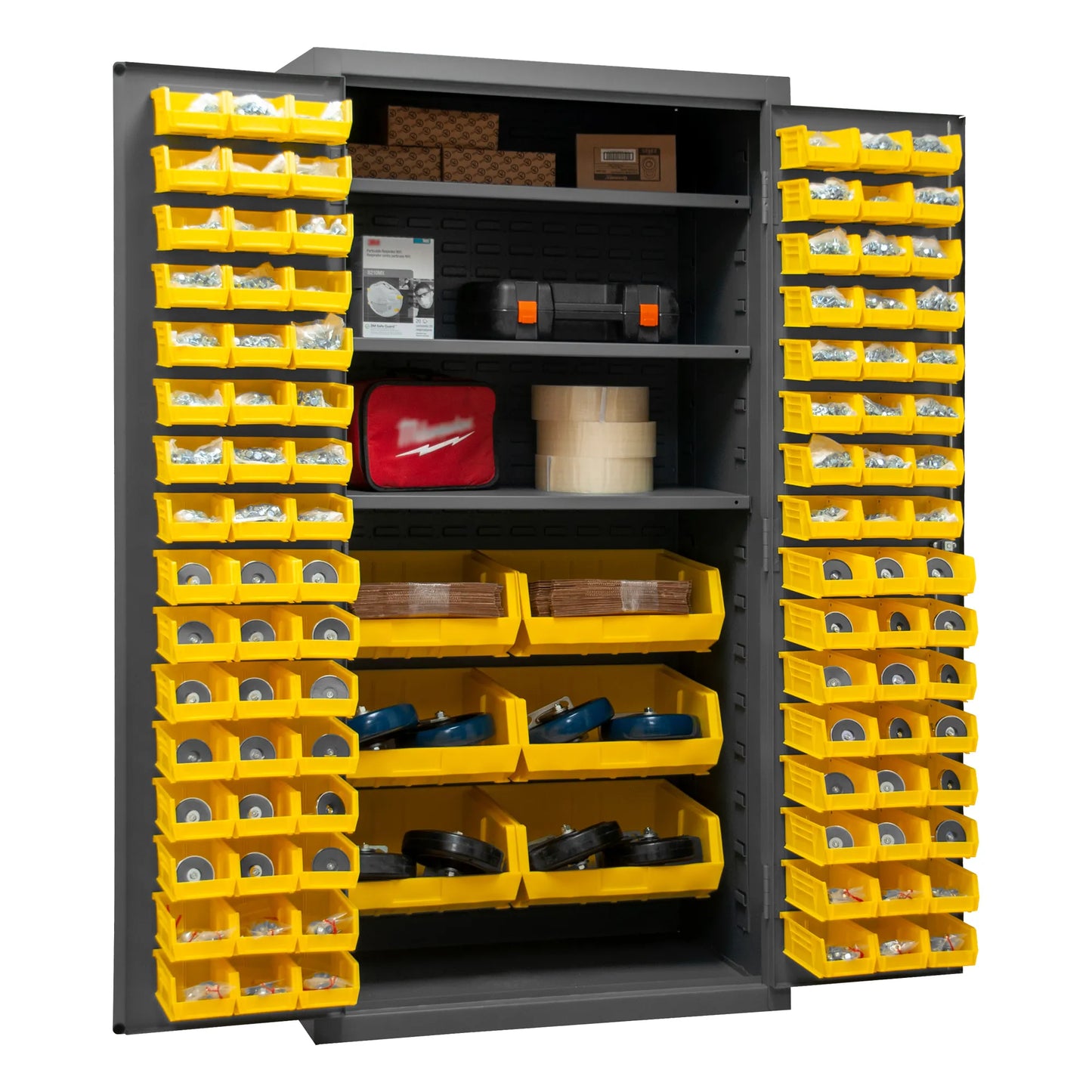 Cabinet, 3 Shelves, 102 Yellow Bins